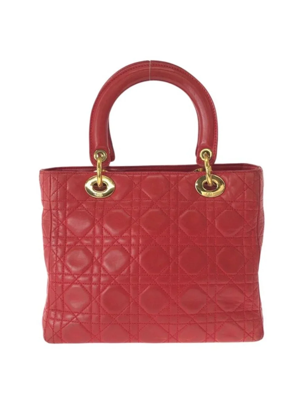 Dior Vintage Lady Cannage Red Gold Leather Handbag